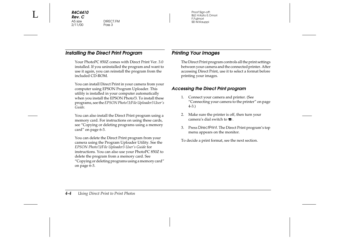Installing the direct print program, Printing your images, Accessing the direct print program | Accessing the direct print program -4 | Epson PhotoPC 850Z User Manual | Page 80 / 142