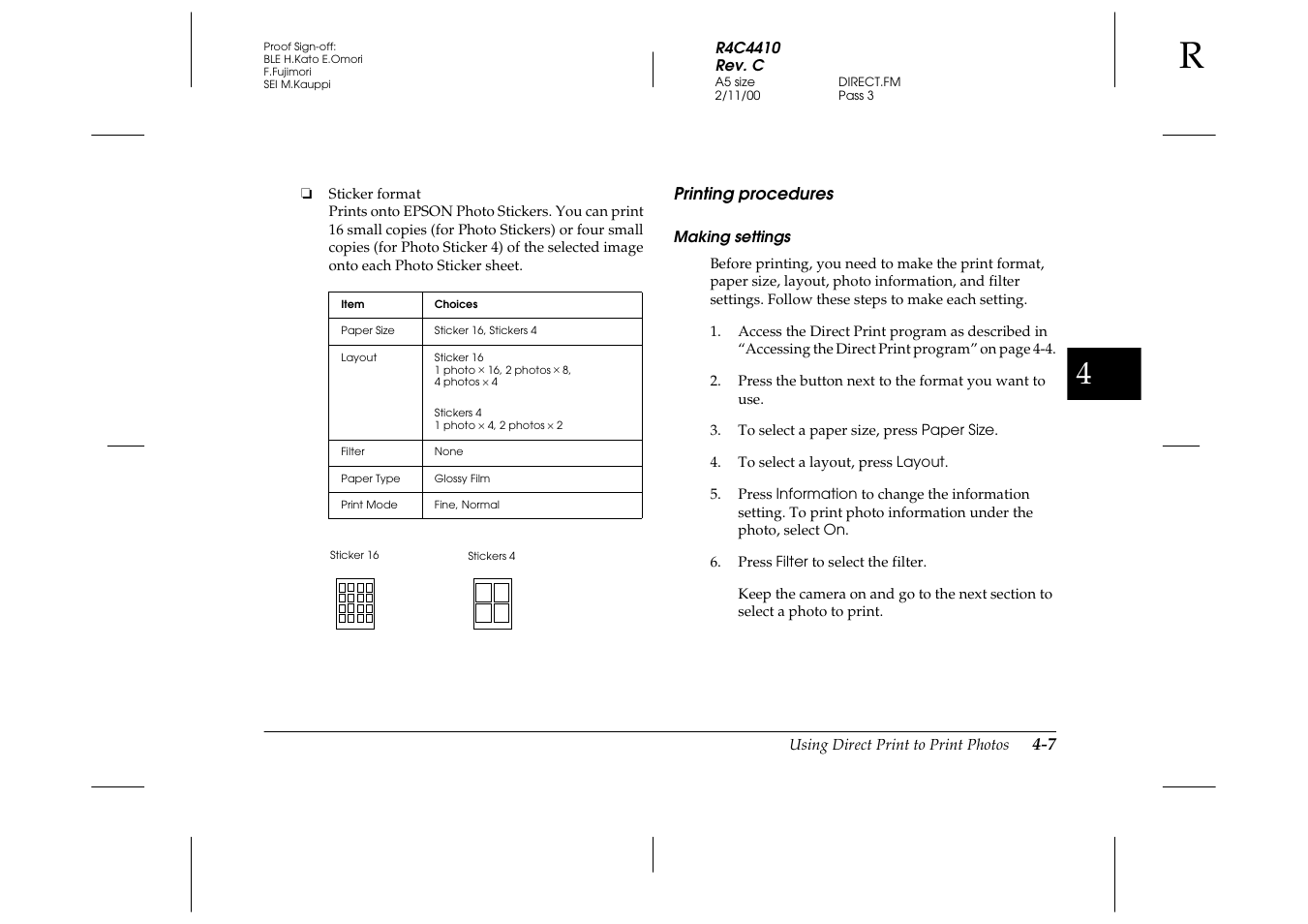 Printing procedures, Making settings, Printing procedures -7 | Epson PhotoPC 850Z User Manual | Page 83 / 142