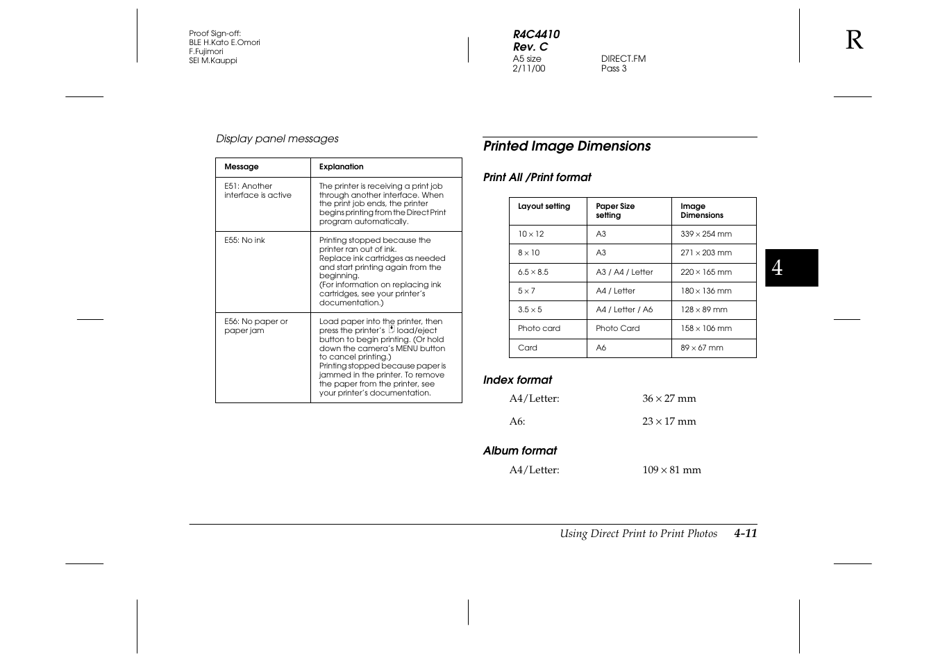 Printed image dimensions, Print all /print format, Index format | Album format, Printed image dimensions -11 | Epson PhotoPC 850Z User Manual | Page 87 / 142