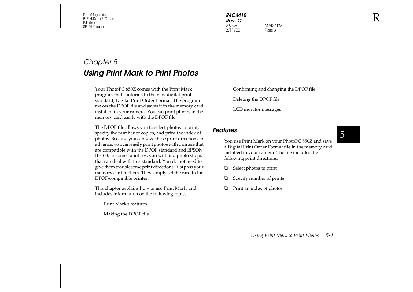 Using print mark to print photos, Features, Chapter 5 us | Features -1, Ter 5, “using print mark to print photos,”a, Chapter 5 | Epson PhotoPC 850Z User Manual | Page 89 / 142