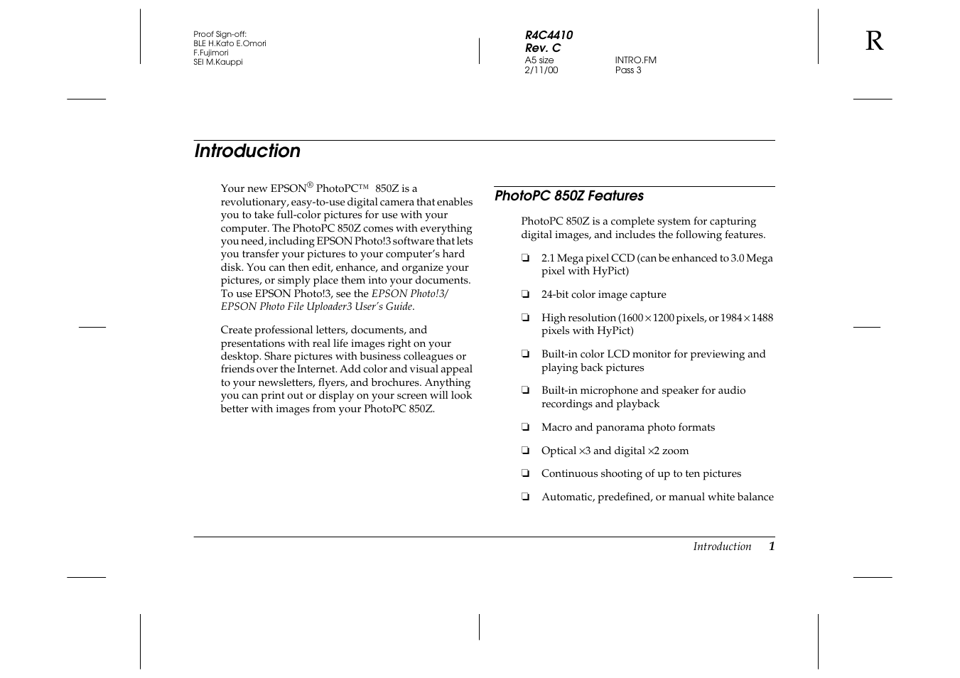Introduction, Photopc 850z features | Epson PhotoPC 850Z User Manual | Page 9 / 142