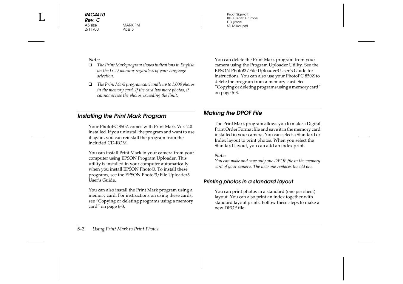 Installing the print mark program, Making the dpof file, Printing photos in a standard layout | Printing photos in a standard layout -2 | Epson PhotoPC 850Z User Manual | Page 90 / 142