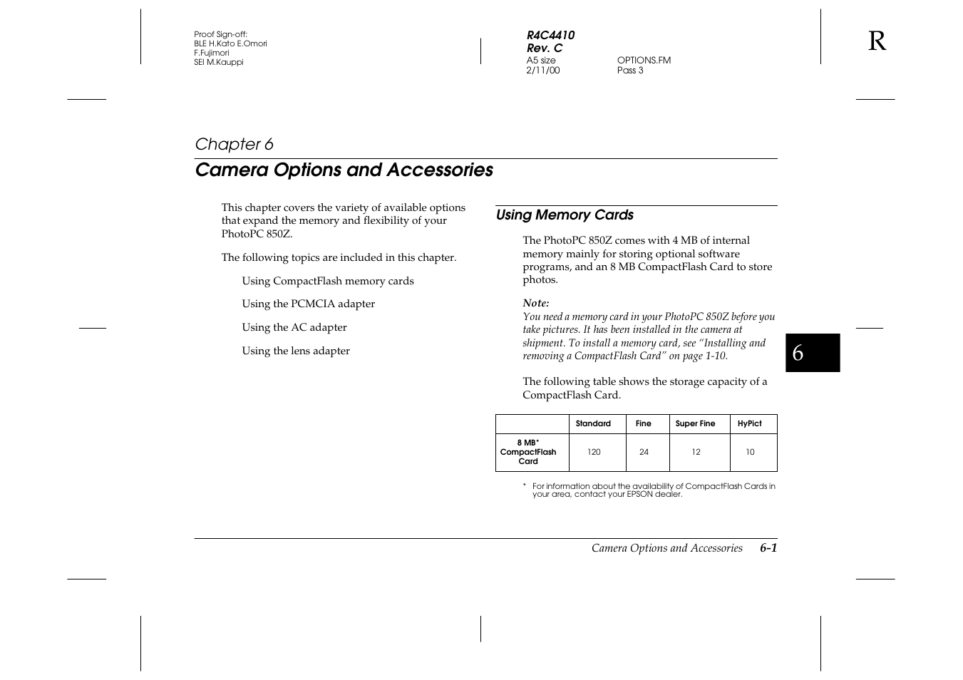 Camera options and accessories, Using memory cards, Chapter 6 c | Using memory cards -1, Chapter 6 | Epson PhotoPC 850Z User Manual | Page 97 / 142