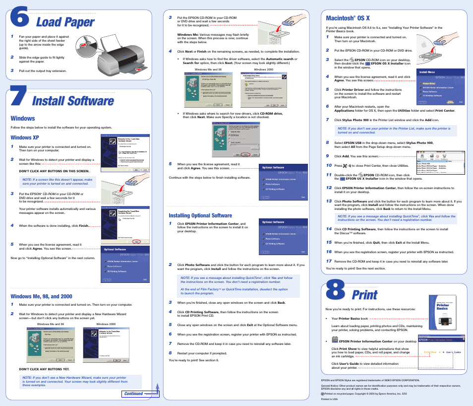 Load paper, Install software, Print | Macintosh, Os x, Windows | Epson STYLUS PHOTO 900 User Manual | Page 2 / 2