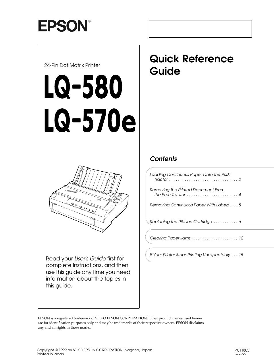 Epson 24-Pin Dot Matrix Printer LQ-580 User Manual | 15 pages