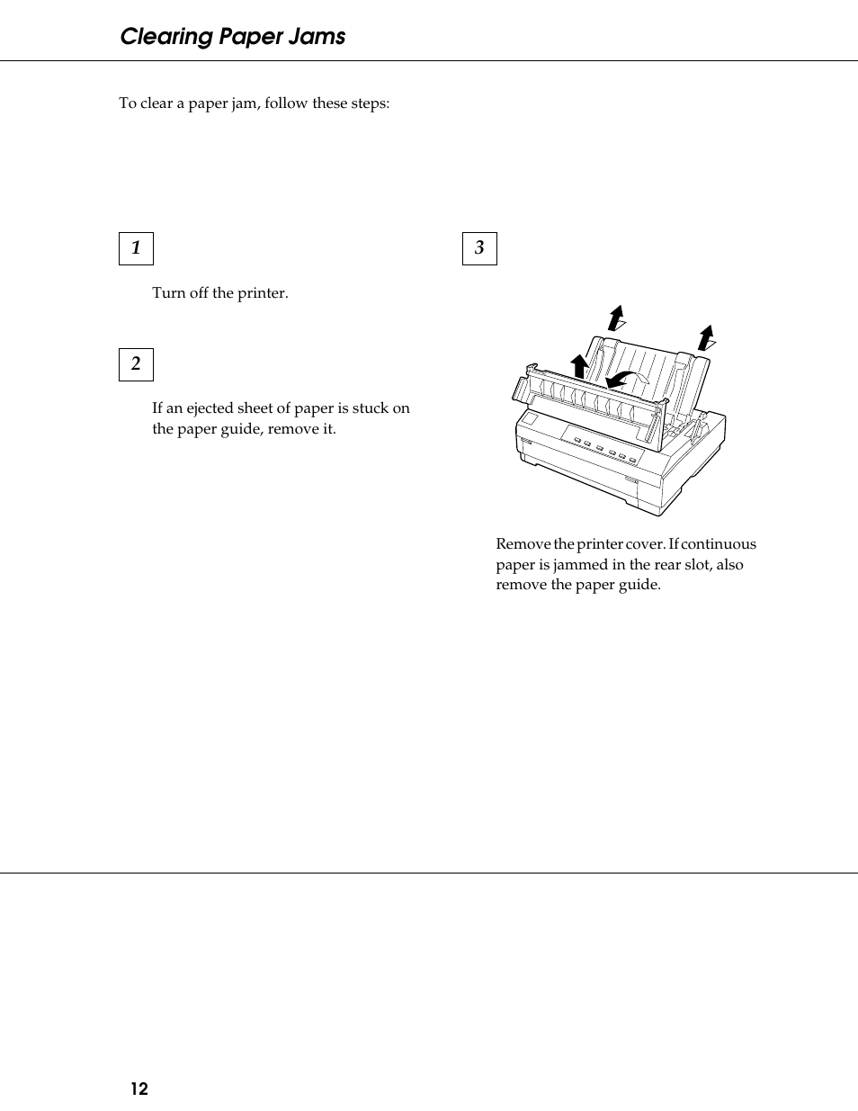 Clearing paper jams | Epson 24-Pin Dot Matrix Printer LQ-580 User Manual | Page 12 / 15
