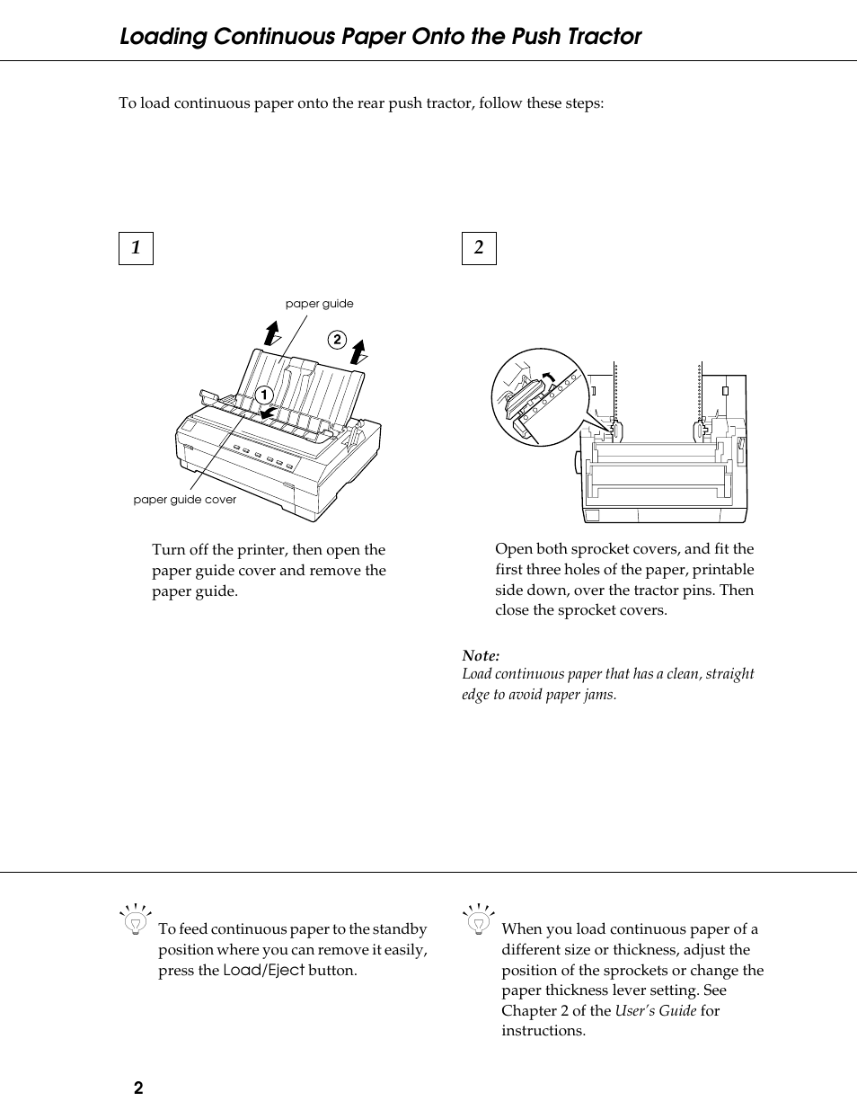 Loading continuous paper onto the push tractor, Loading continuous paper onto the push, Tractor | Epson 24-Pin Dot Matrix Printer LQ-580 User Manual | Page 2 / 15