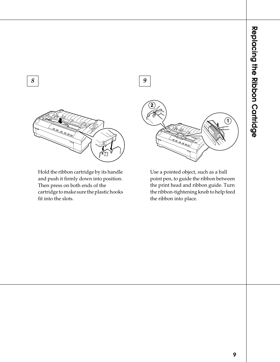 Replacing the ribbon cartridge | Epson 24-Pin Dot Matrix Printer LQ-580 User Manual | Page 9 / 15