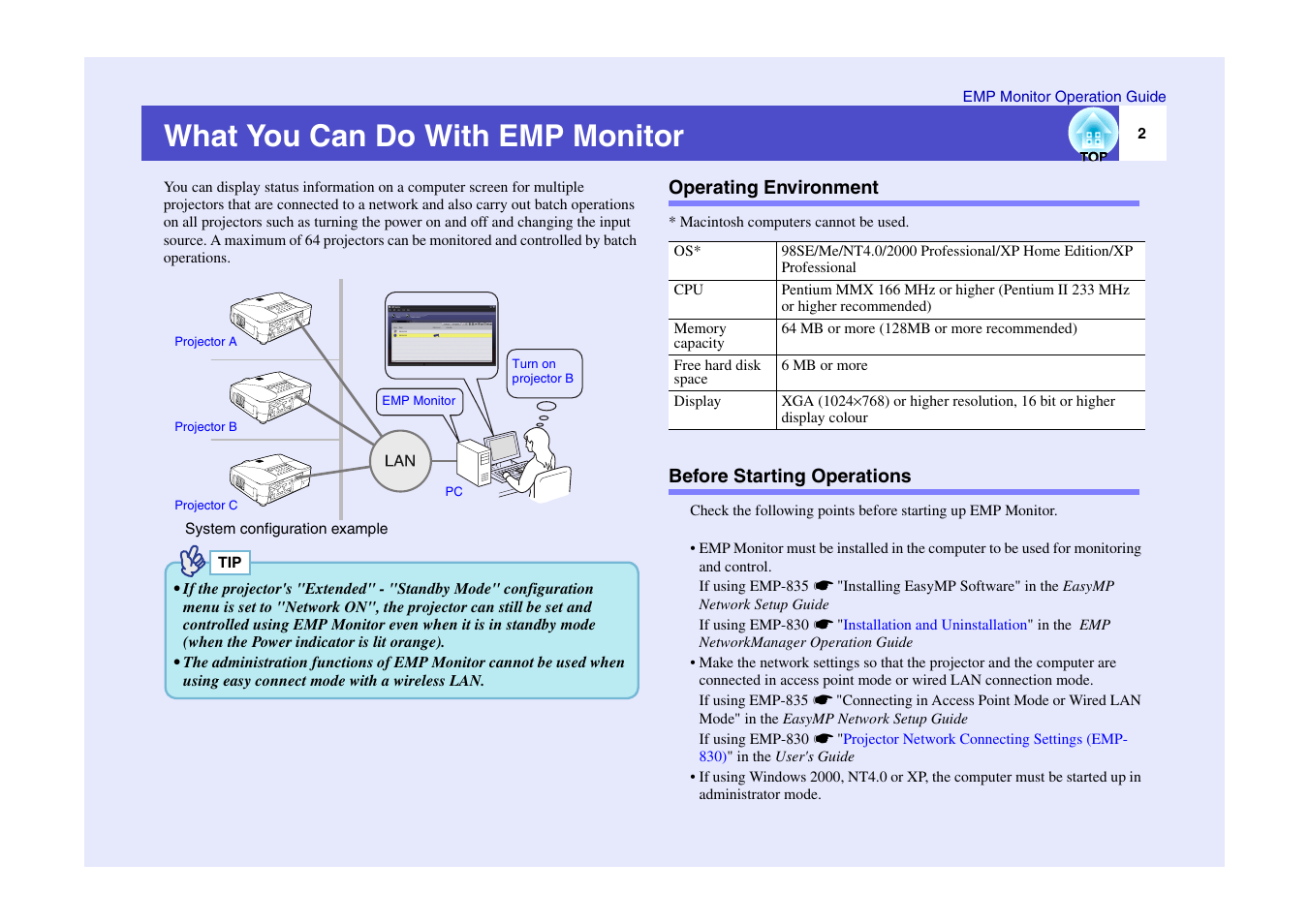 What you can do with emp monitor, Operating environment, Before starting operations | Epson Artisan EMP-830/EMP-835 User Manual | Page 3 / 11