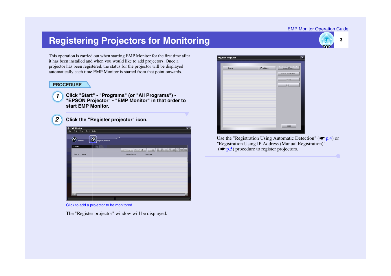 Registering projectors for monitoring | Epson Artisan EMP-830/EMP-835 User Manual | Page 4 / 11