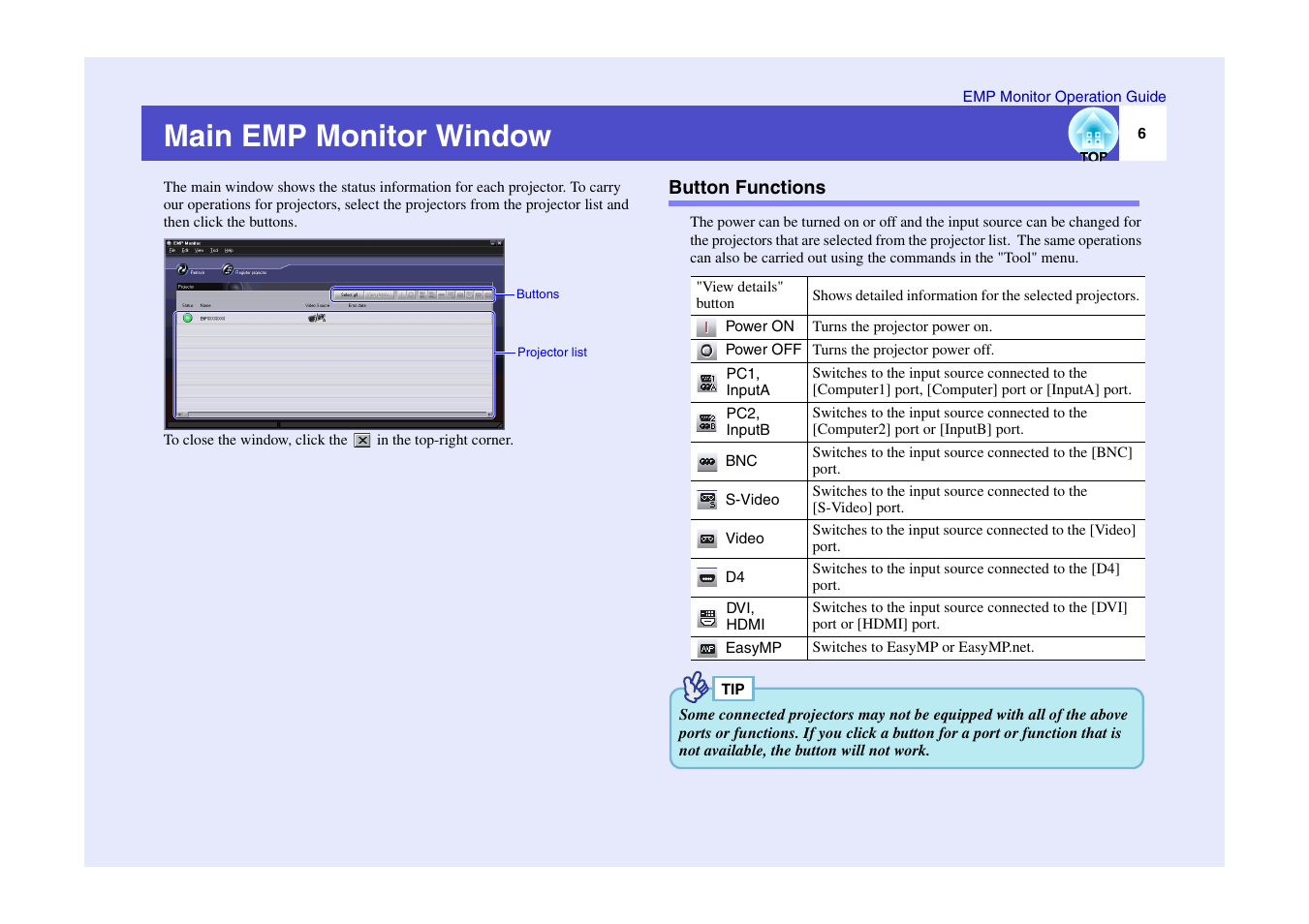 Main emp monitor window, Button functions | Epson Artisan EMP-830/EMP-835 User Manual | Page 7 / 11