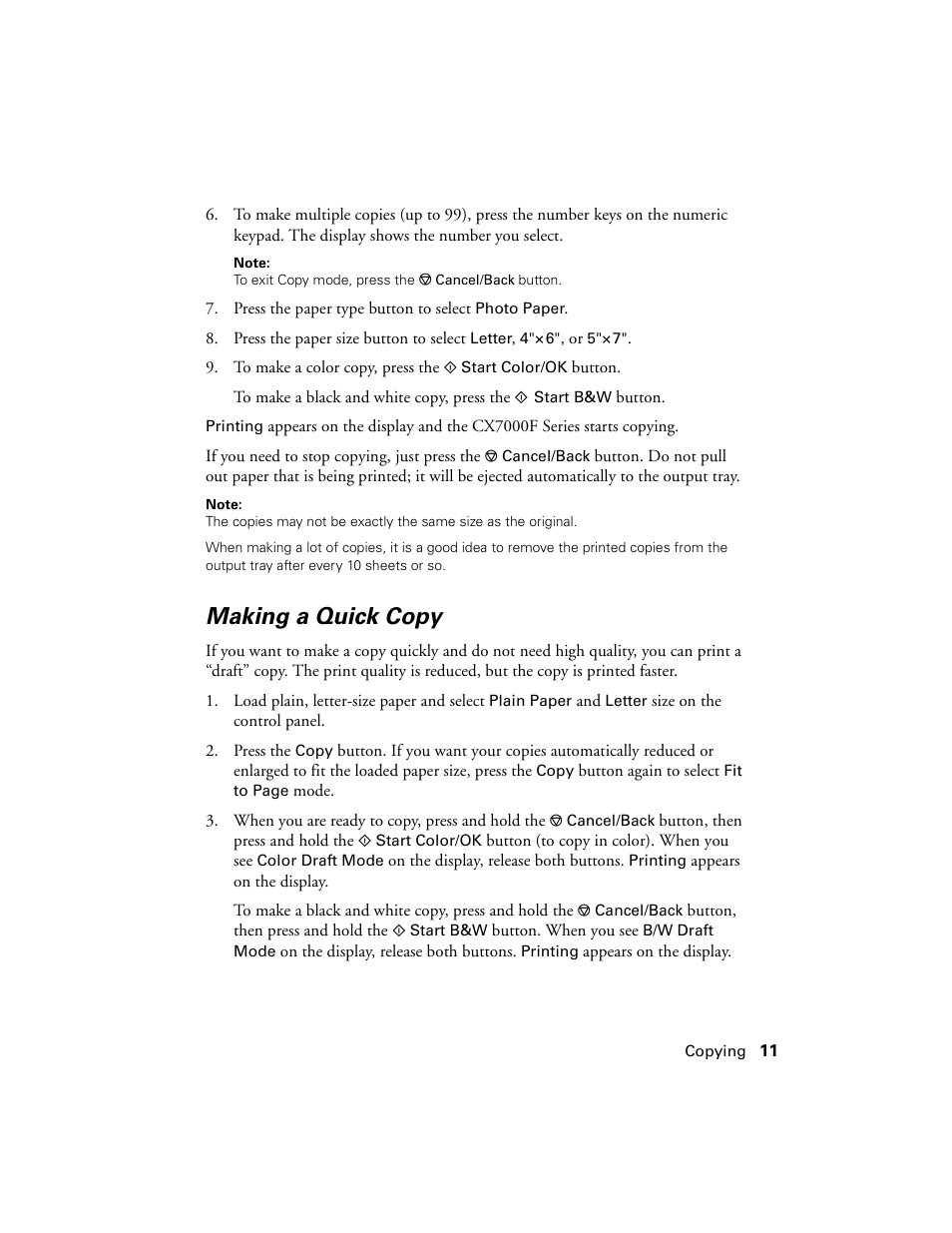 Making a quick copy | Epson CX7000F User Manual | Page 11 / 72