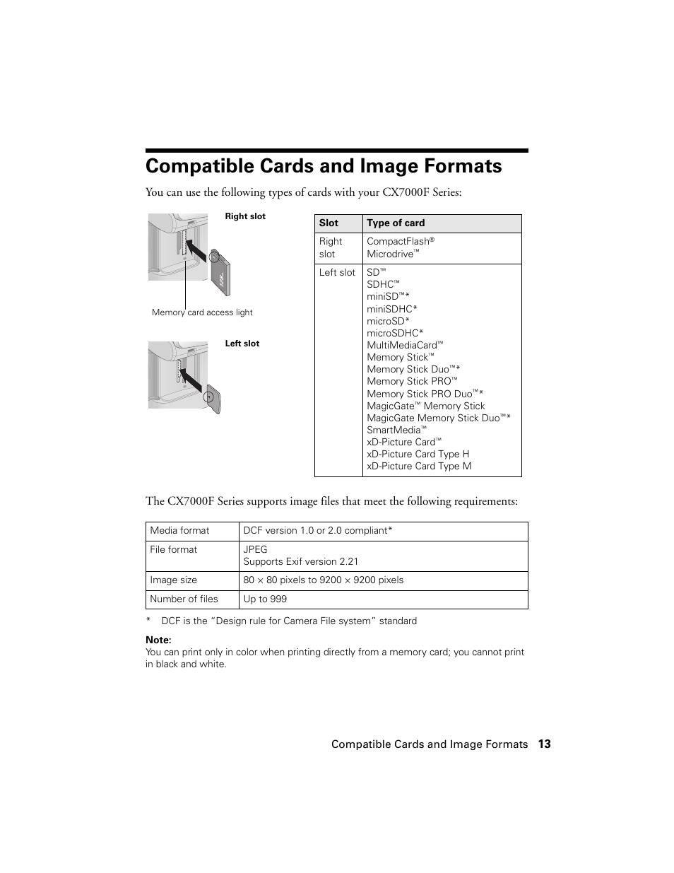 Compatible cards and image formats | Epson CX7000F User Manual | Page 13 / 72