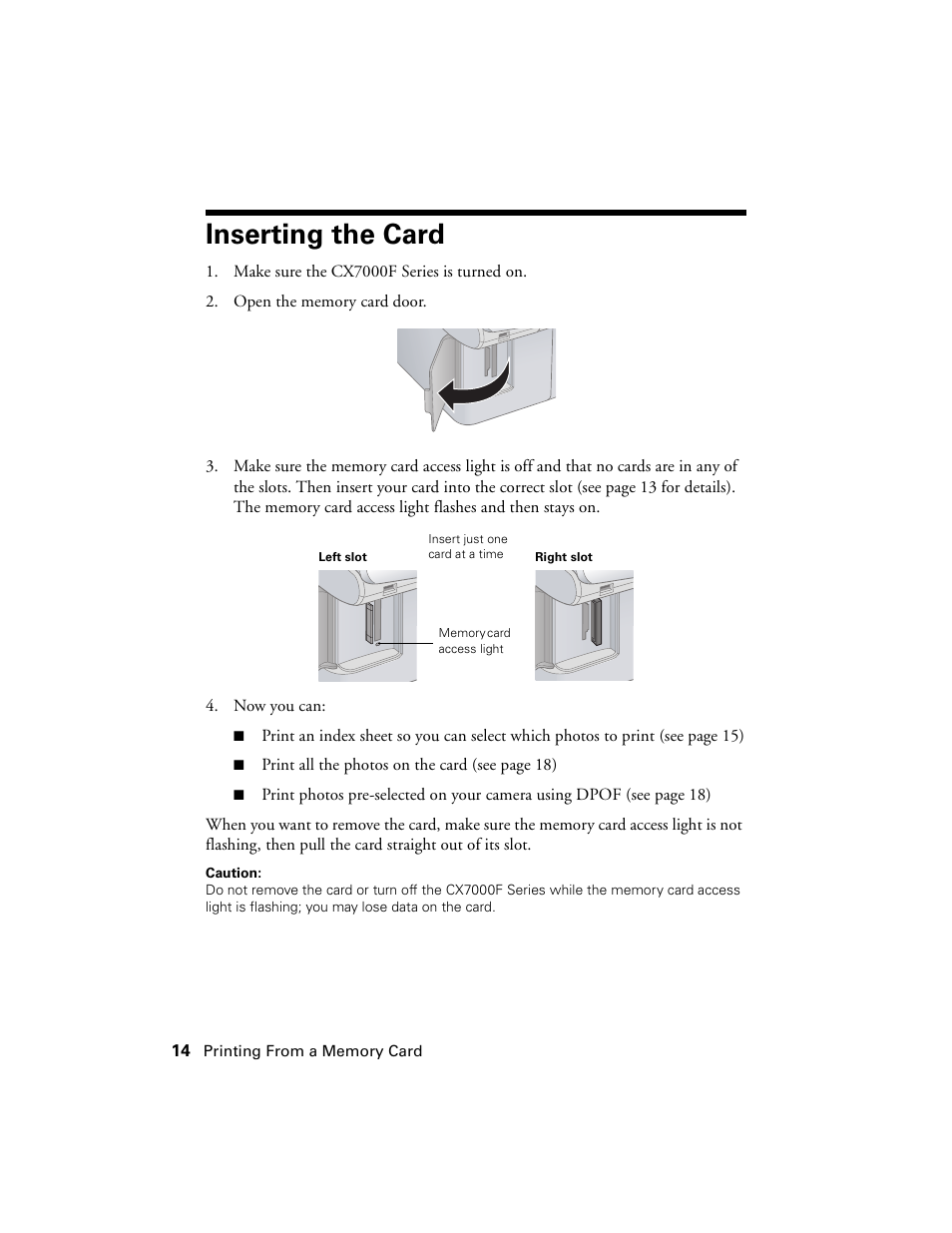 Inserting the card | Epson CX7000F User Manual | Page 14 / 72