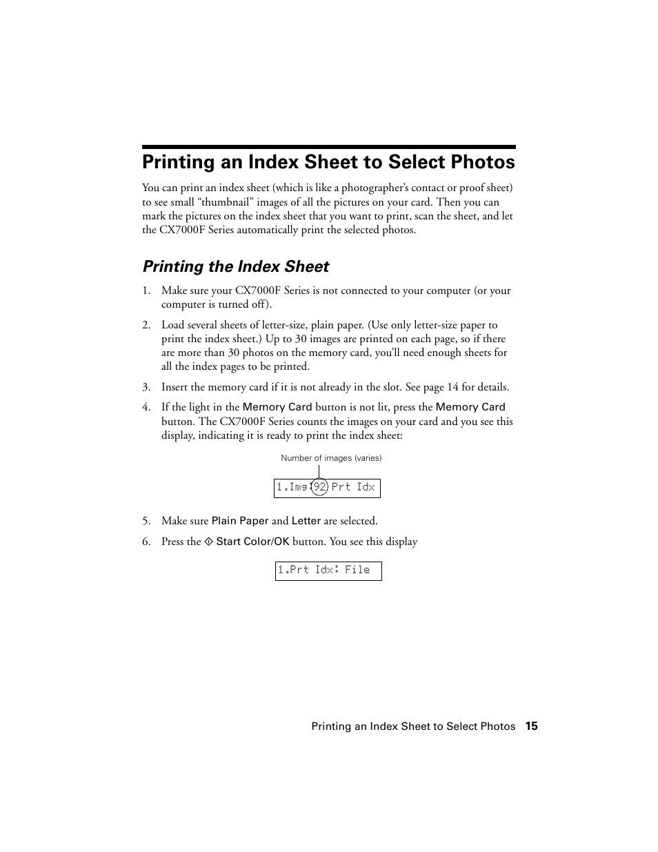 Printing an index sheet to select photos, Printing the index sheet | Epson CX7000F User Manual | Page 15 / 72