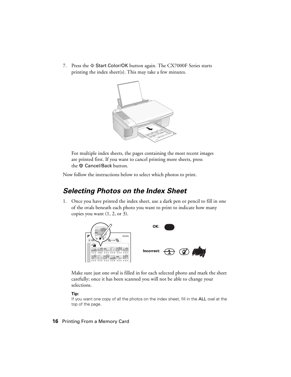 Selecting photos on the index sheet | Epson CX7000F User Manual | Page 16 / 72