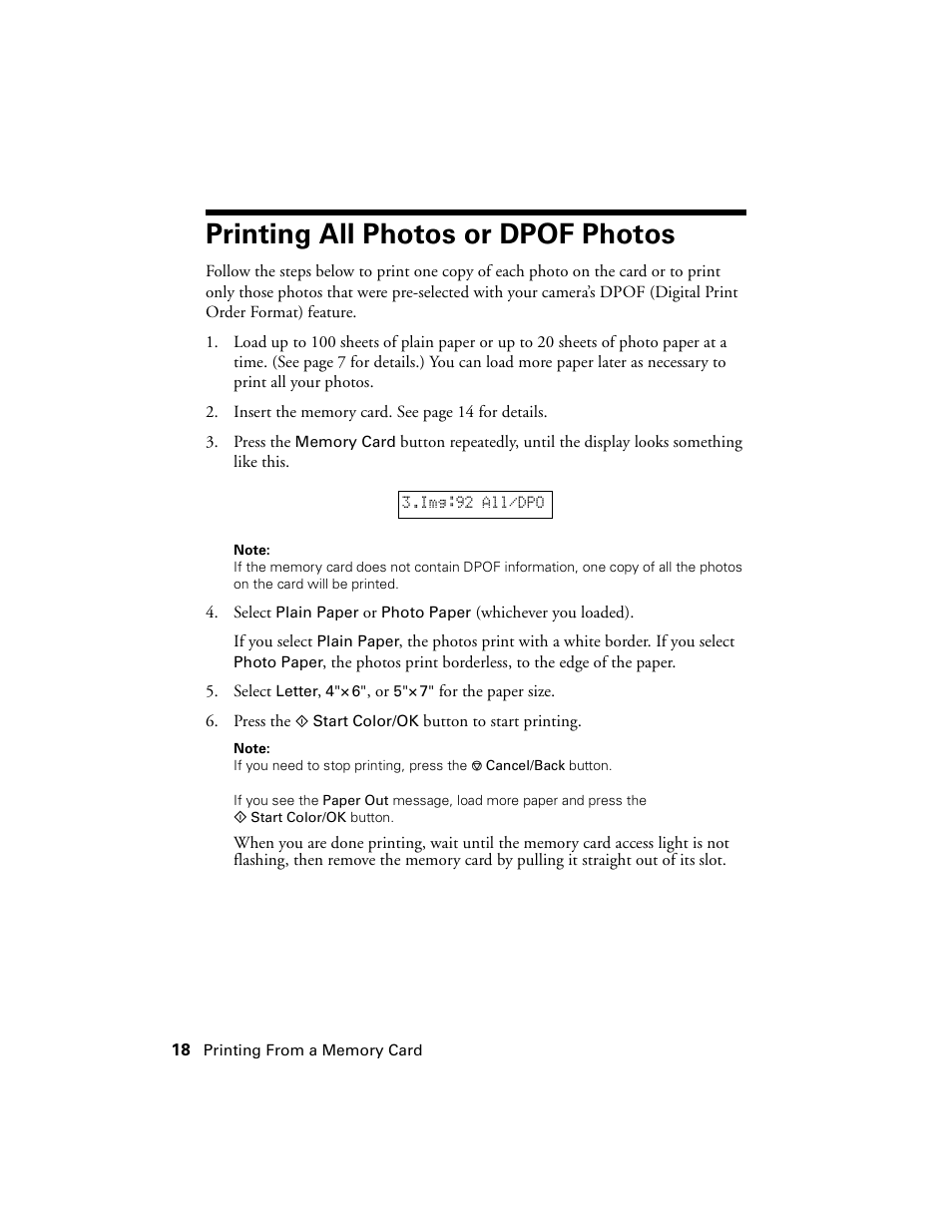 Printing all photos or dpof photos | Epson CX7000F User Manual | Page 18 / 72