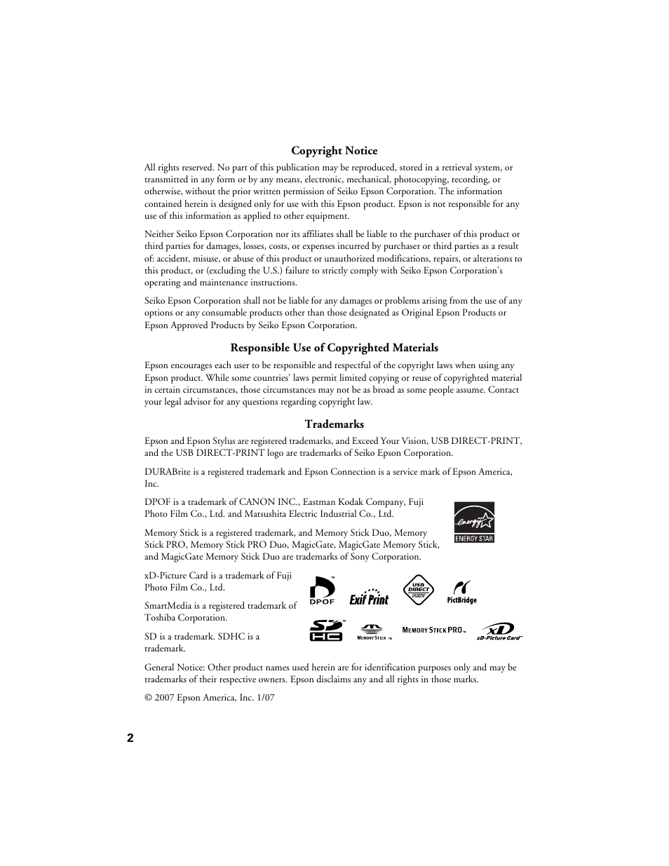 Copyright notice | Epson CX7000F User Manual | Page 2 / 72