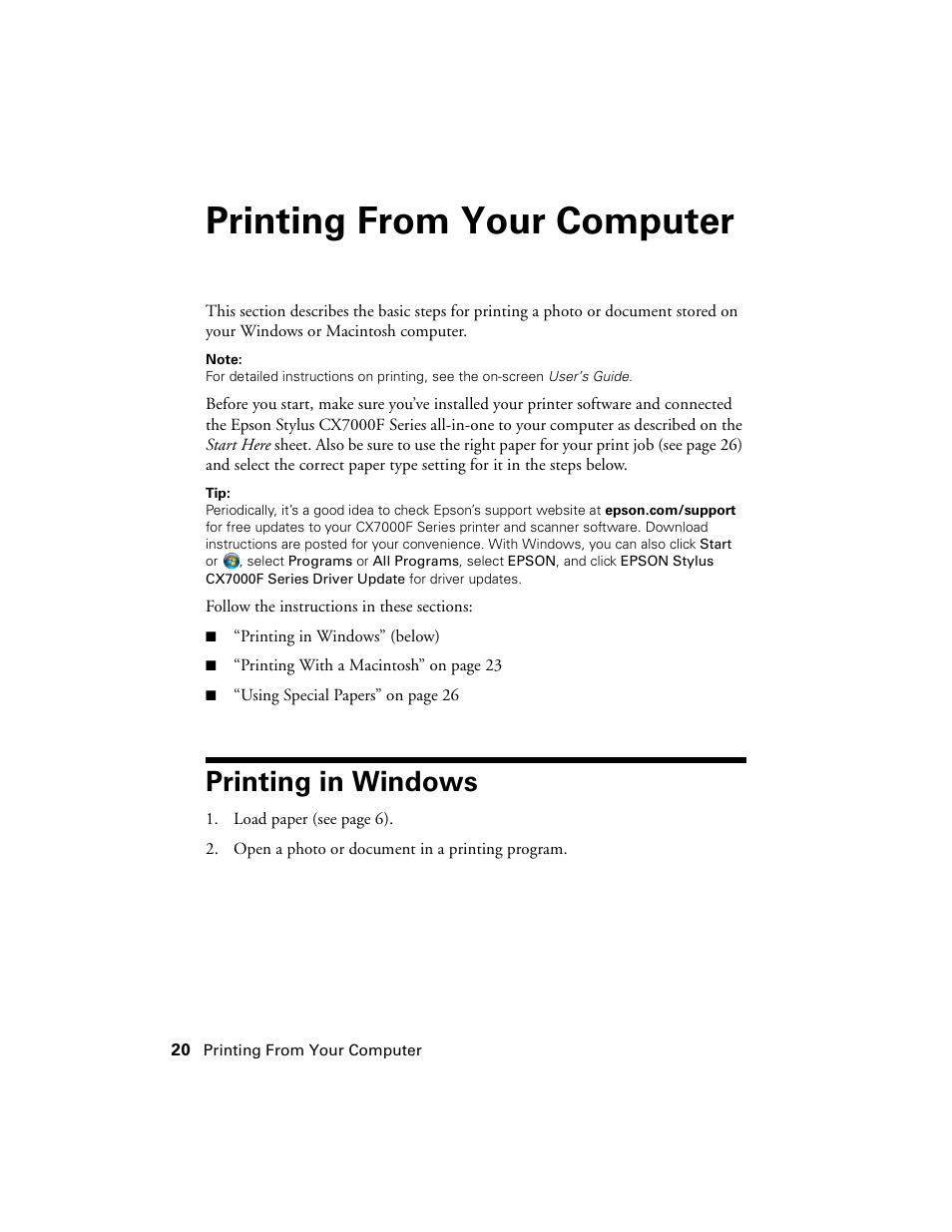 Printing from your computer, Printing in windows | Epson CX7000F User Manual | Page 20 / 72