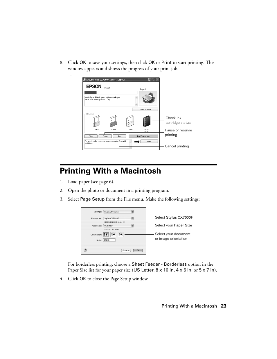 Printing with a macintosh | Epson CX7000F User Manual | Page 23 / 72