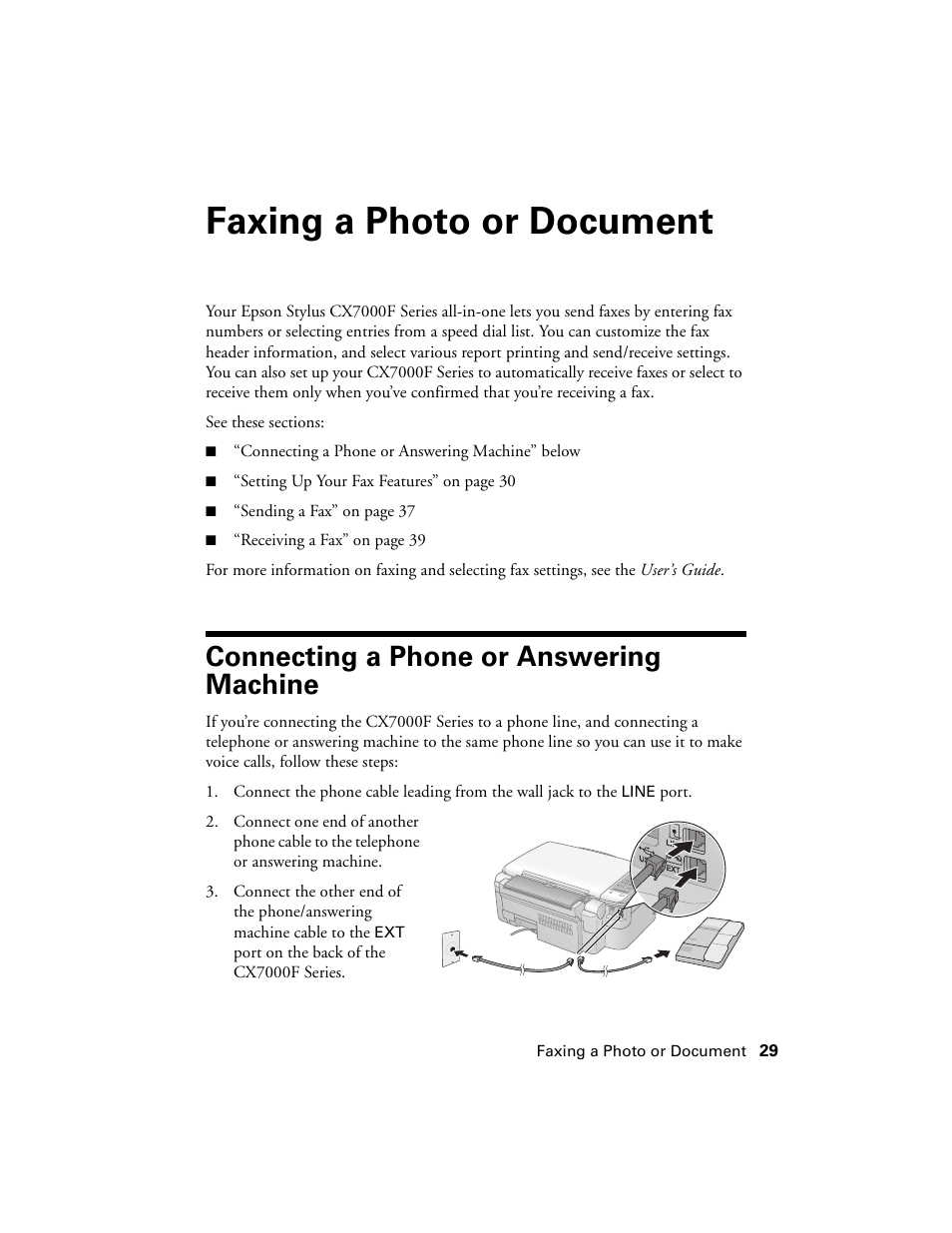 Faxing a photo or document, Connecting a phone or answering machine | Epson CX7000F User Manual | Page 29 / 72