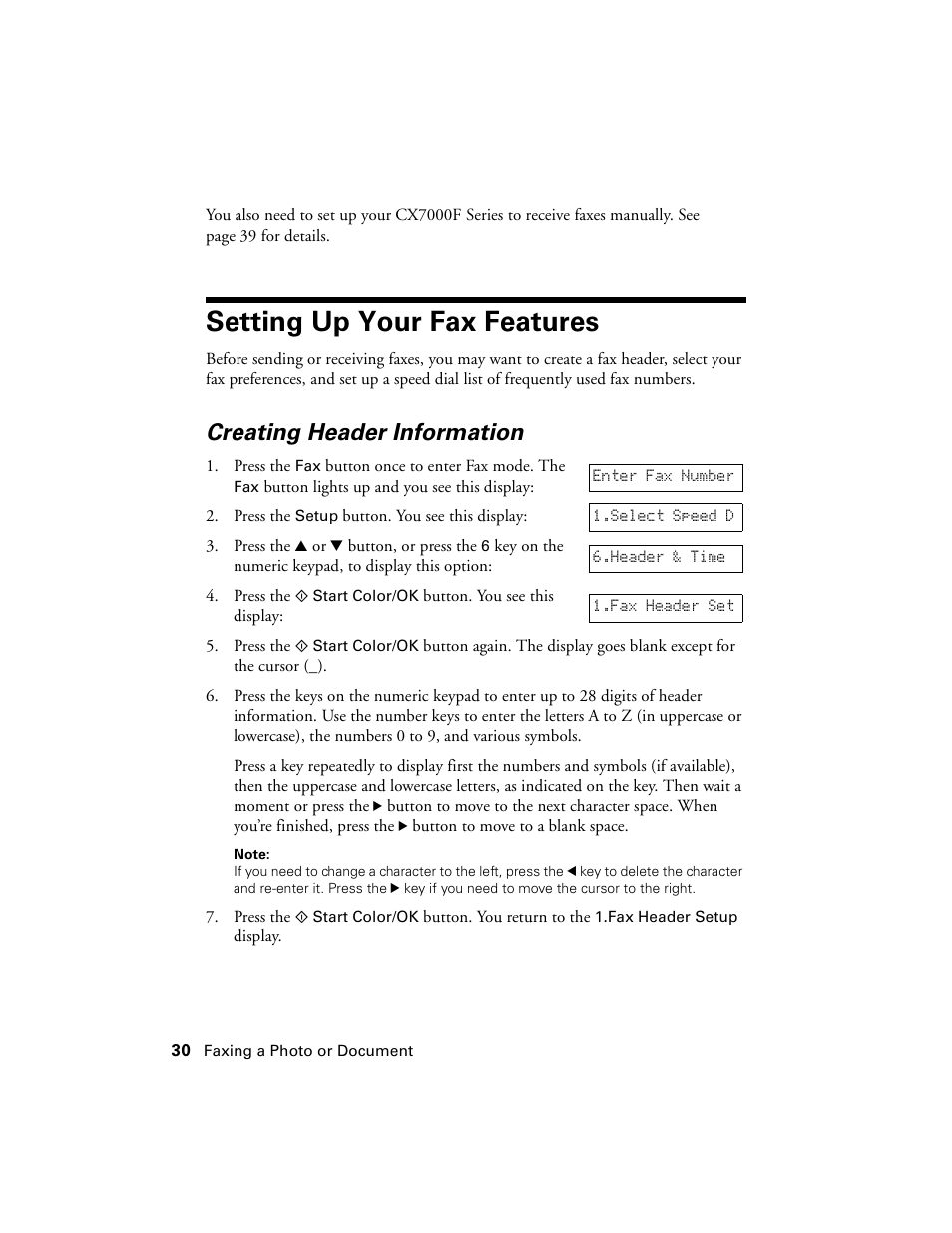 Setting up your fax features, Creating header information | Epson CX7000F User Manual | Page 30 / 72