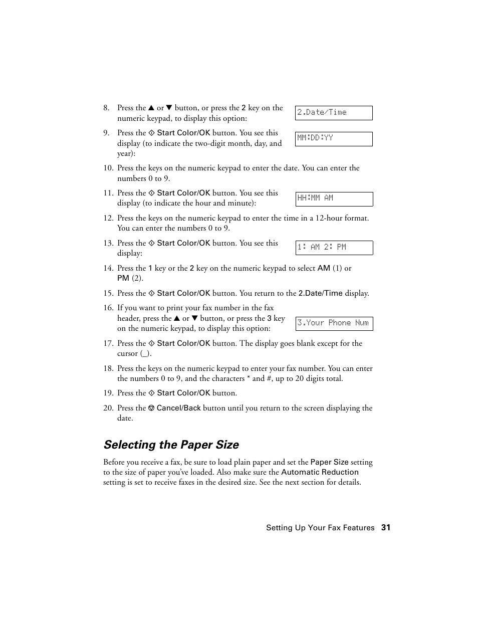 Selecting the paper size | Epson CX7000F User Manual | Page 31 / 72