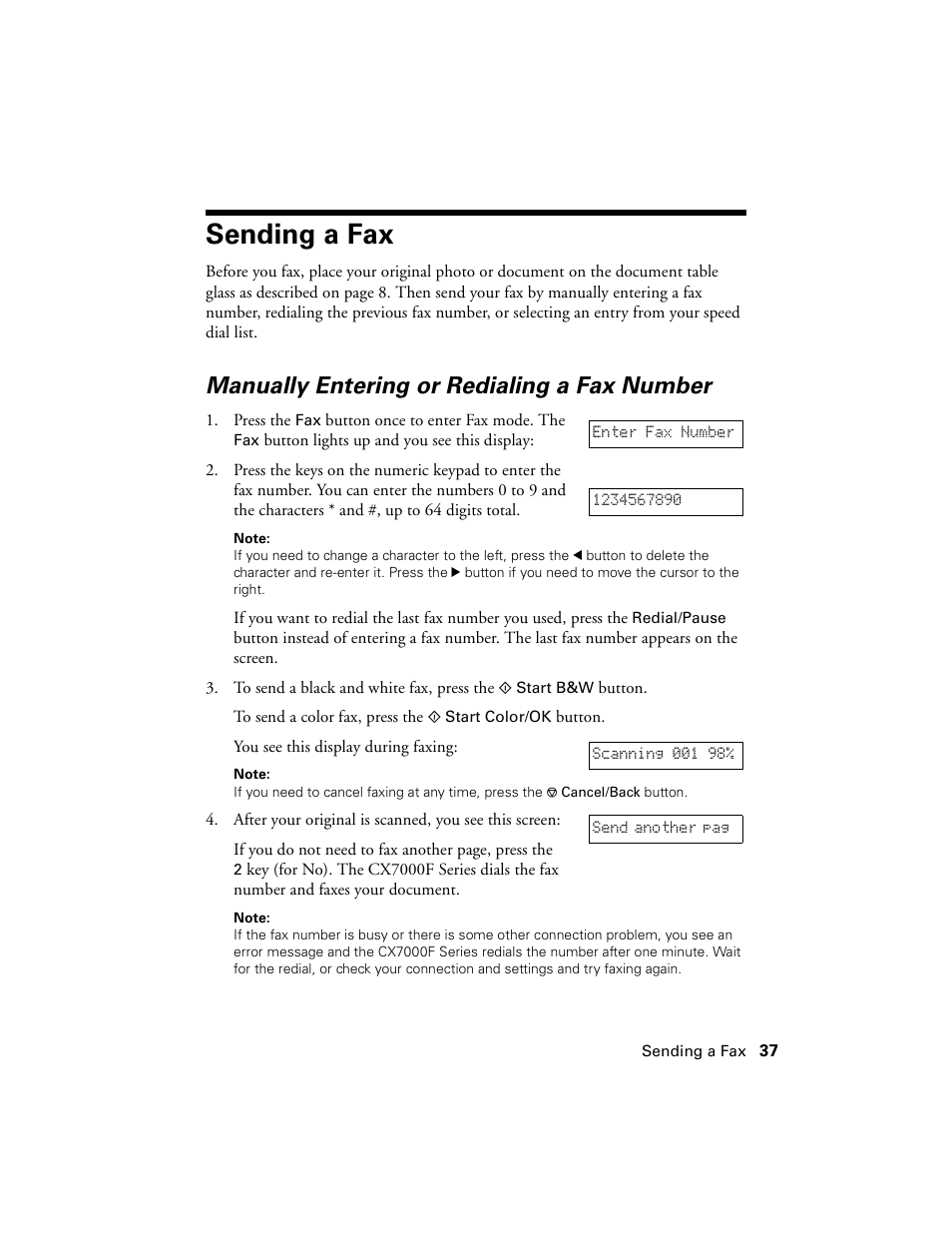 Sending a fax, Manually entering or redialing a fax number | Epson CX7000F User Manual | Page 37 / 72