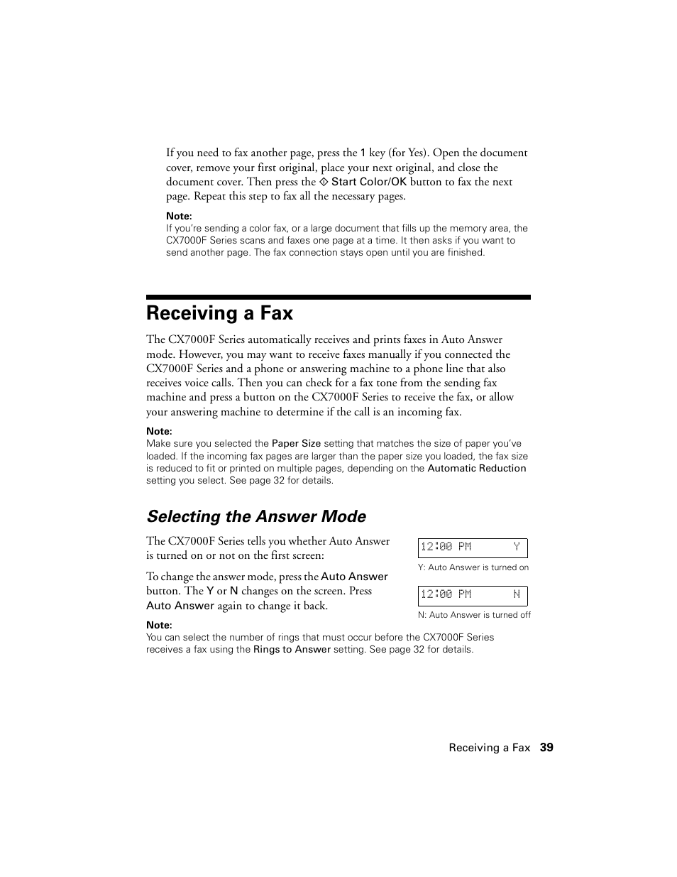 Receiving a fax, Selecting the answer mode | Epson CX7000F User Manual | Page 39 / 72