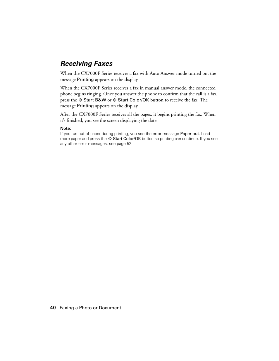 Receiving faxes | Epson CX7000F User Manual | Page 40 / 72