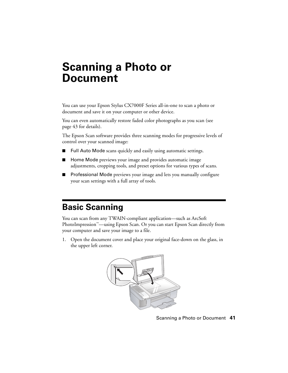 Scanning a photo or document, Basic scanning | Epson CX7000F User Manual | Page 41 / 72