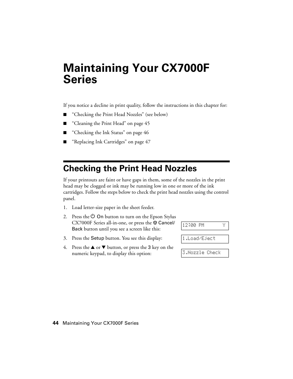 Maintaining your cx7000f series, Checking the print head nozzles | Epson CX7000F User Manual | Page 44 / 72