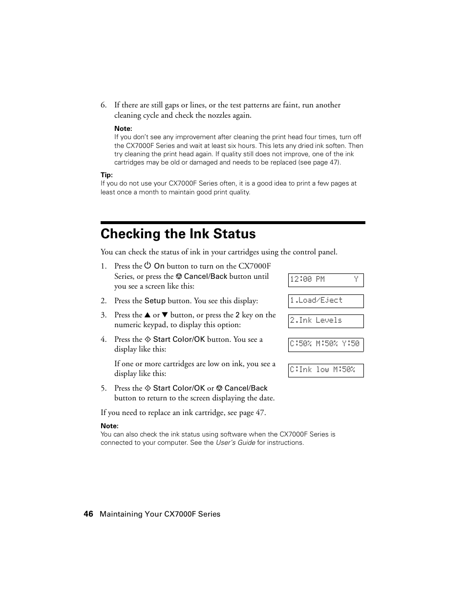 Checking the ink status | Epson CX7000F User Manual | Page 46 / 72