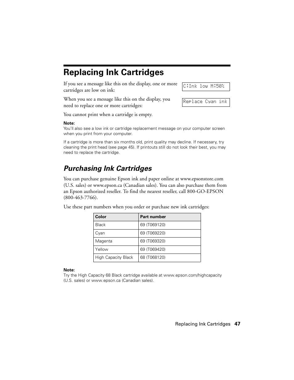 Replacing ink cartridges, Purchasing ink cartridges | Epson CX7000F User Manual | Page 47 / 72