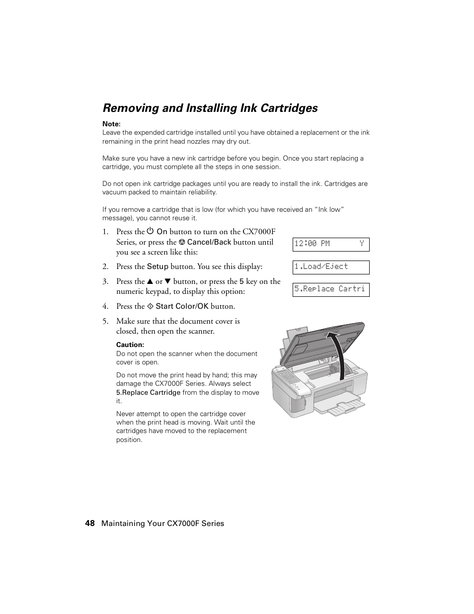 Removing and installing ink cartridges | Epson CX7000F User Manual | Page 48 / 72