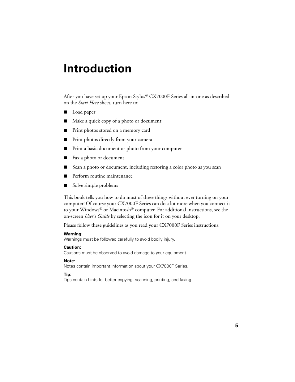 Introduction | Epson CX7000F User Manual | Page 5 / 72