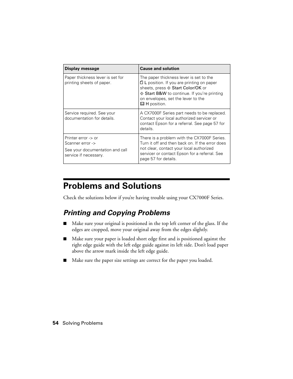 Problems and solutions, Printing and copying problems | Epson CX7000F User Manual | Page 54 / 72