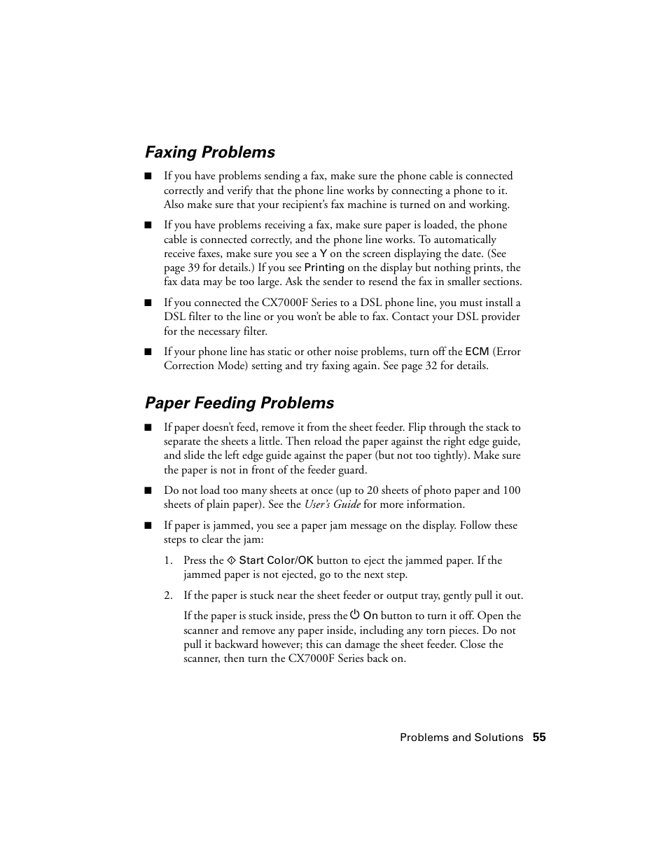 Faxing problems, Paper feeding problems | Epson CX7000F User Manual | Page 55 / 72