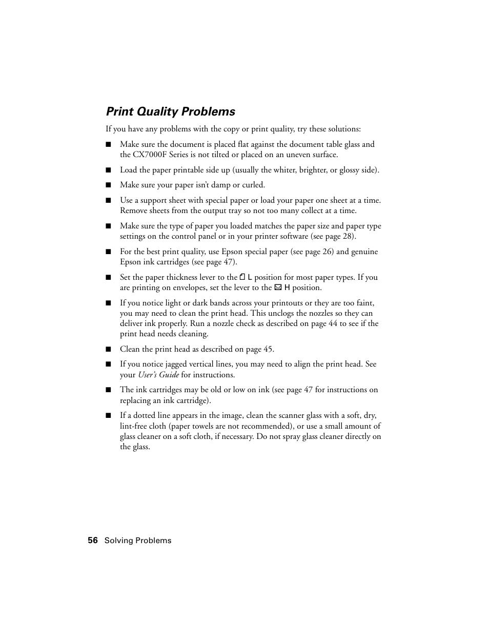 Print quality problems | Epson CX7000F User Manual | Page 56 / 72