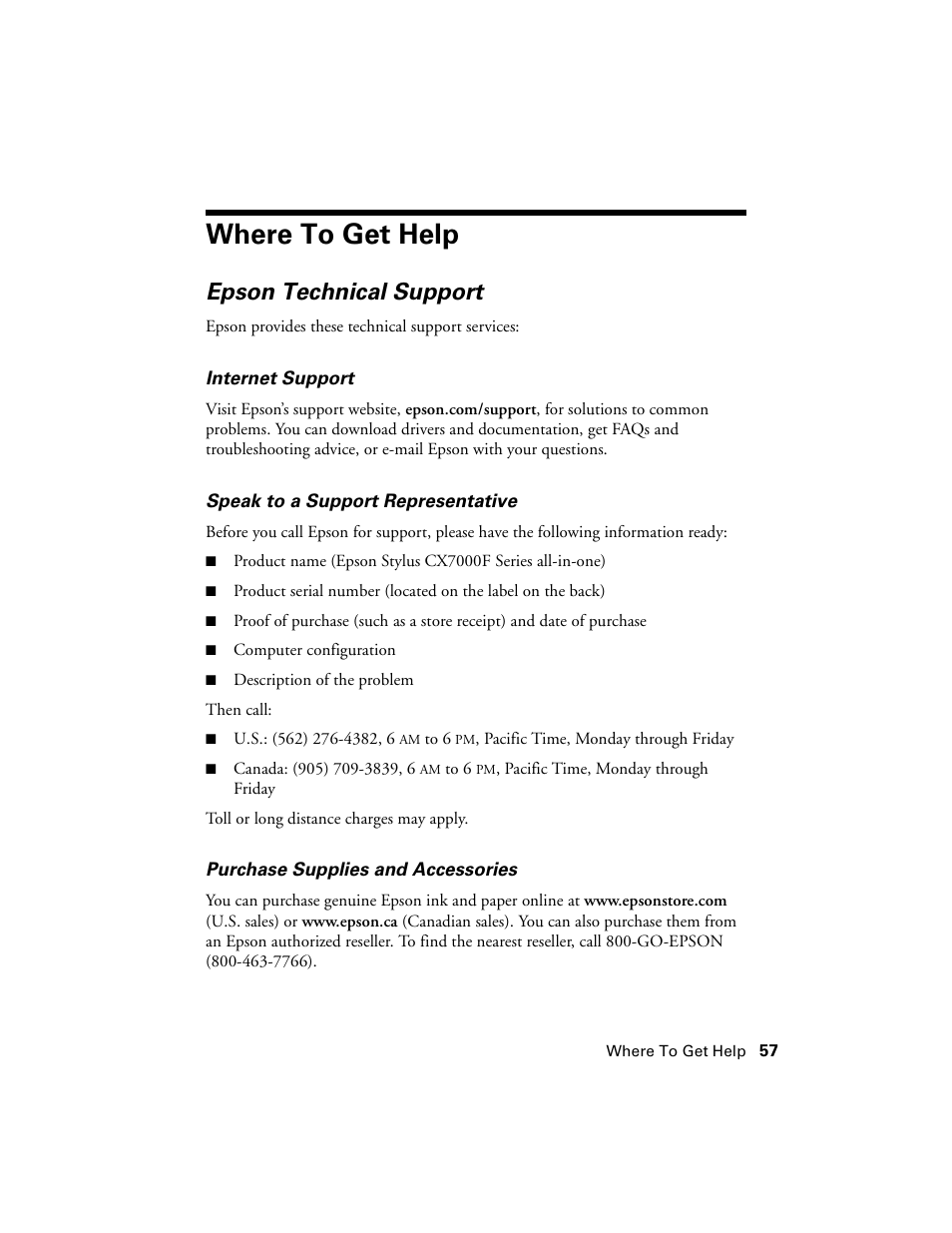 Where to get help, Epson technical support | Epson CX7000F User Manual | Page 57 / 72