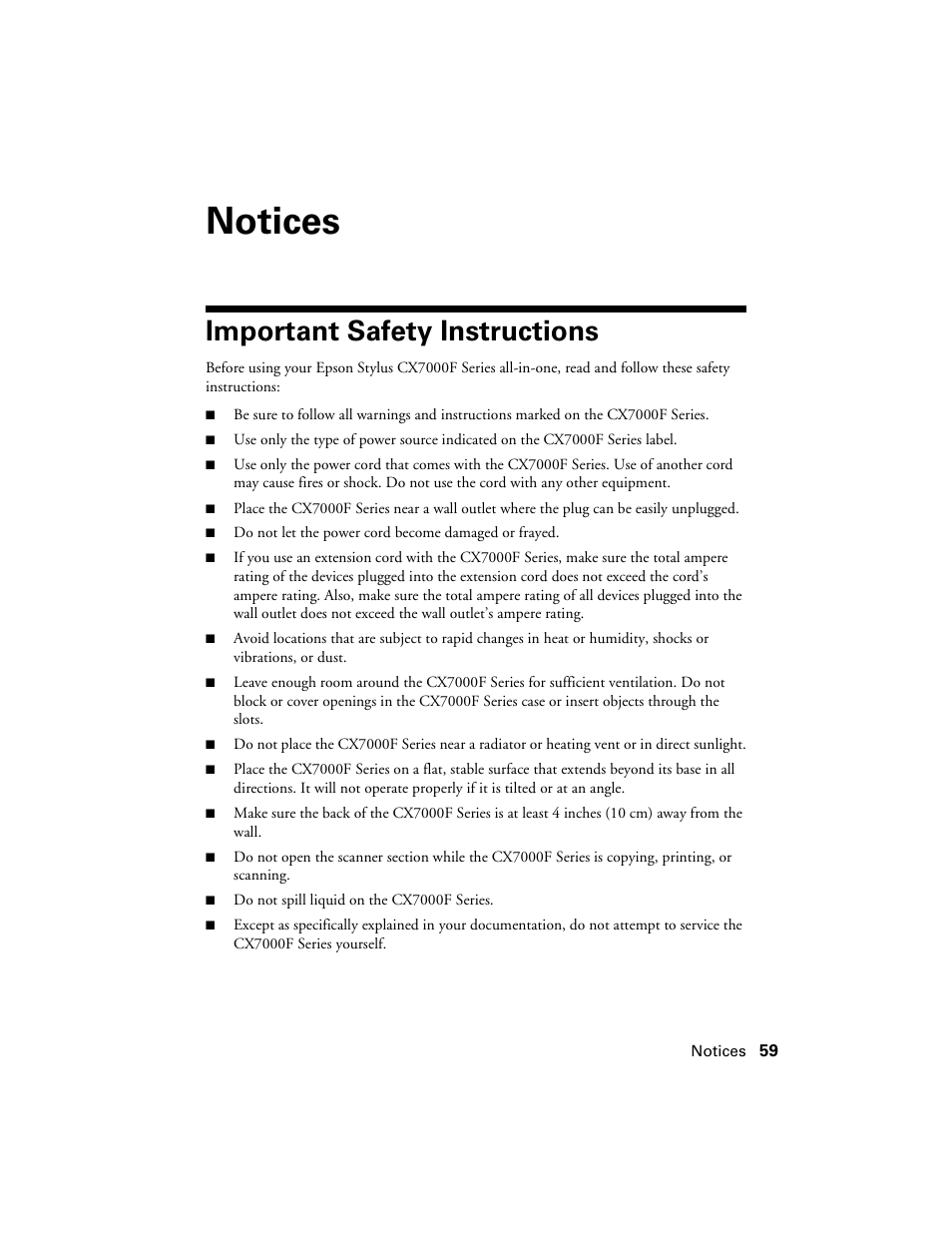 Notices, Important safety instructions | Epson CX7000F User Manual | Page 59 / 72