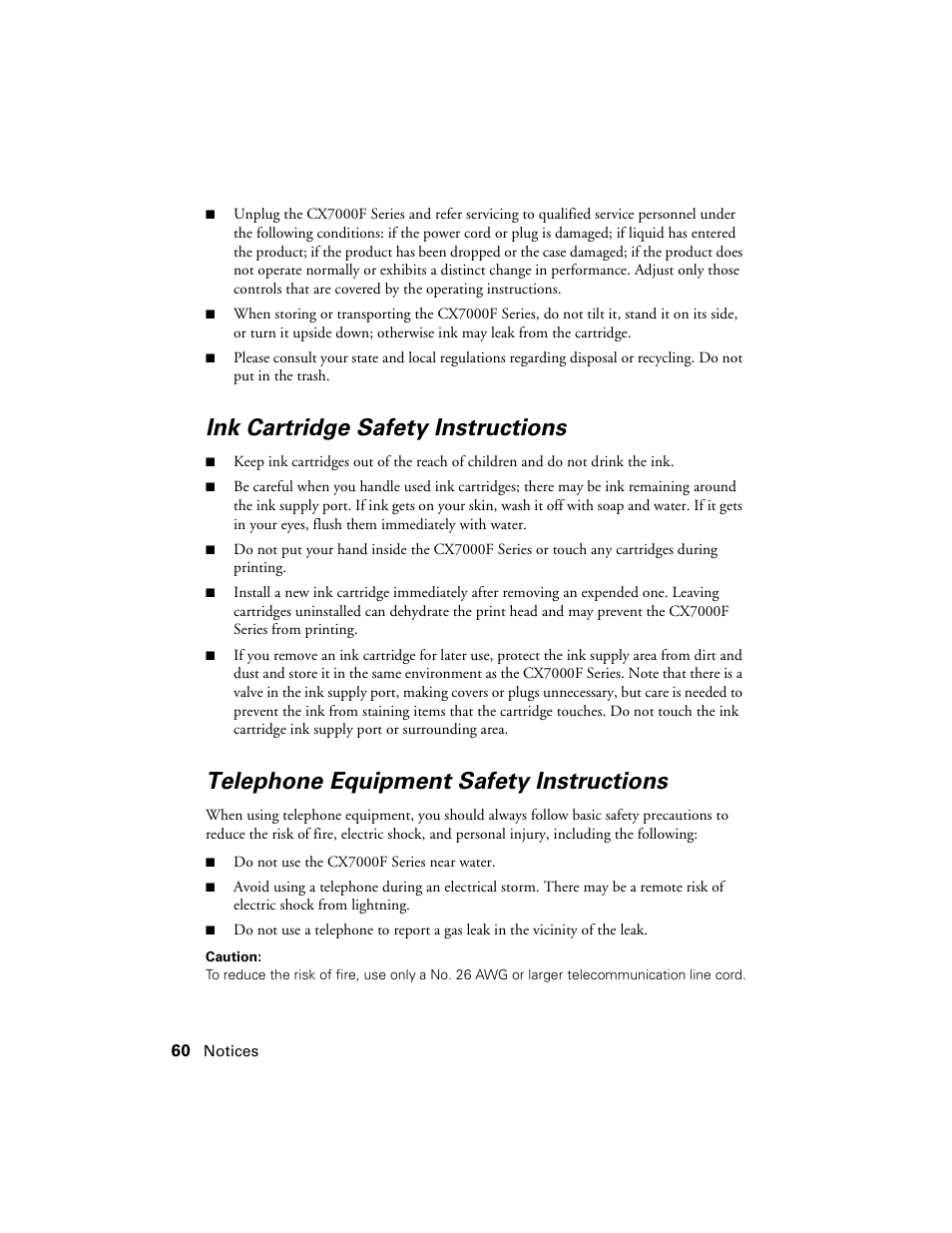 Ink cartridge safety instructions, Telephone equipment safety instructions | Epson CX7000F User Manual | Page 60 / 72