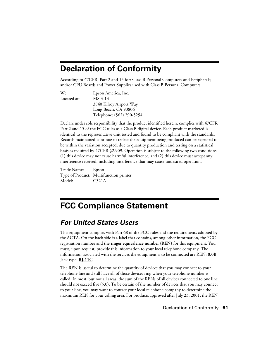 Declaration of conformity, Fcc compliance statement, For united states users | Declaration of conformity fcc compliance statement | Epson CX7000F User Manual | Page 61 / 72
