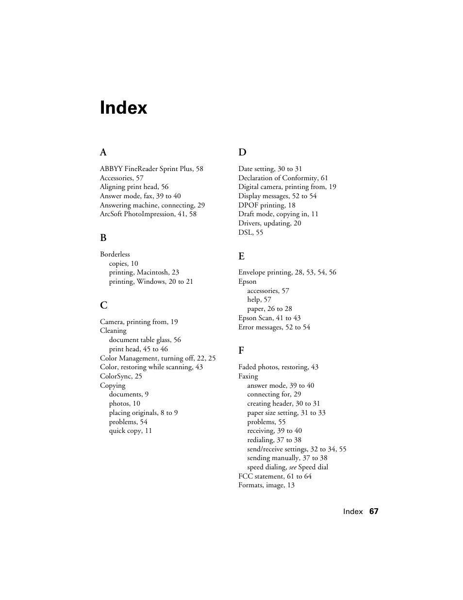 Index | Epson CX7000F User Manual | Page 67 / 72