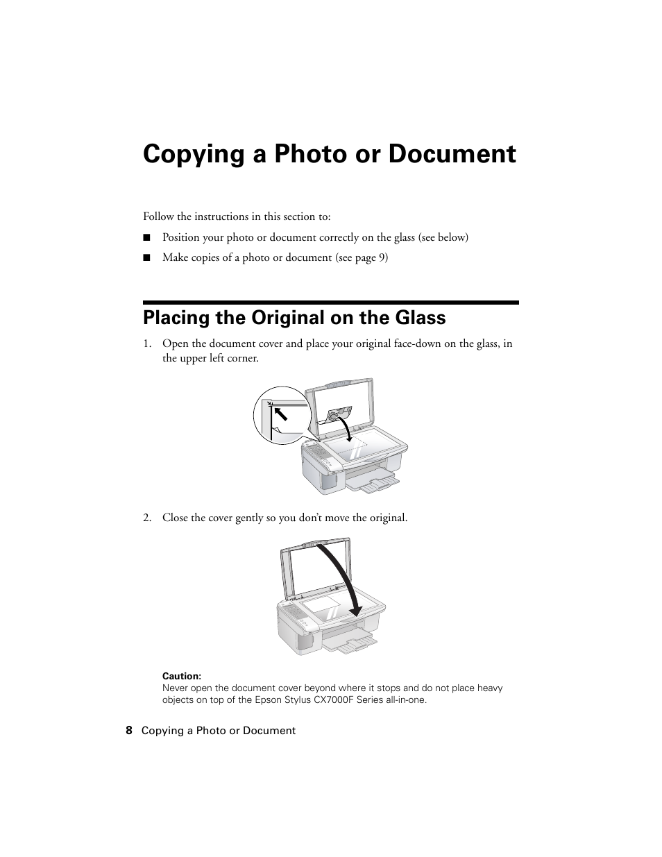 Copying a photo or document, Placing the original on the glass | Epson CX7000F User Manual | Page 8 / 72