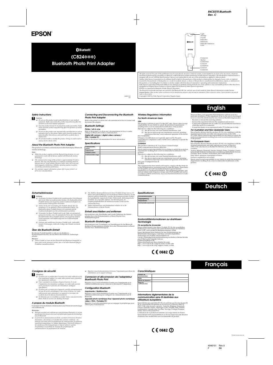 Safety instructions, About the bluetooth photo print adapter, Bluetooth settings | Printer / all-in-one, Specifications, English deutsch français, C824 ✽✽✽ ), Bluetooth photo print adapter | Epson C824 User Manual | Page 2 / 4