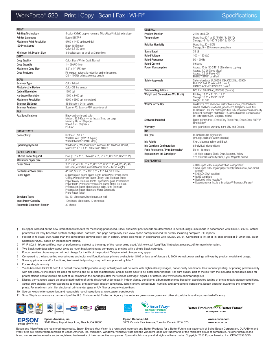 Workforce, 520 print | copy | scan | fax | wi-fi, Specifications | Epson WorkForce 520 series User Manual | Page 2 / 2