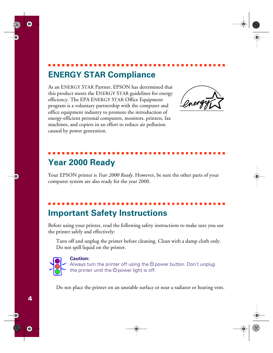 Energy star compliance, Year 2000 ready, Important safety instructions | Compliance, Nergy | Epson 740i User Manual | Page 10 / 69