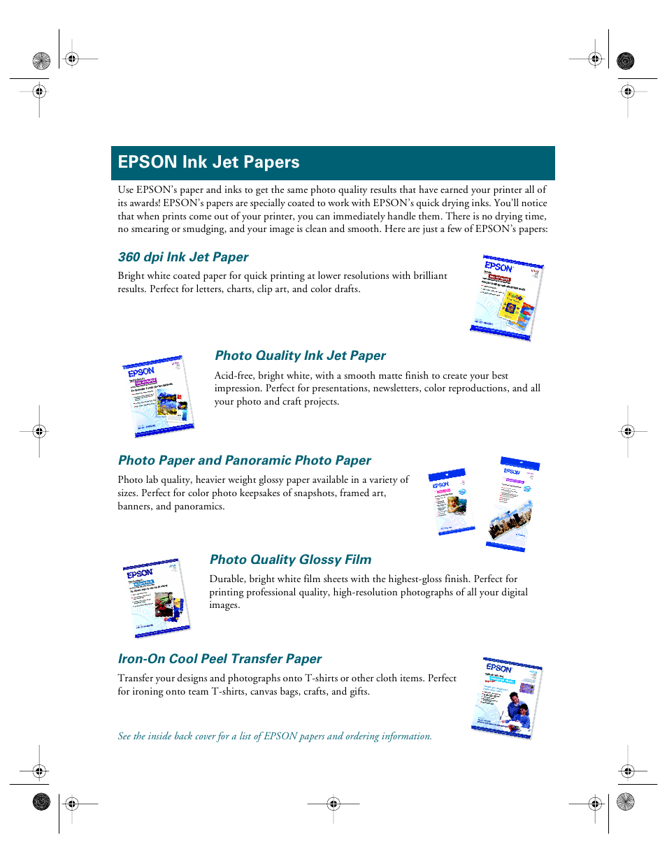 Epson ink jet papers | Epson 740i User Manual | Page 2 / 69