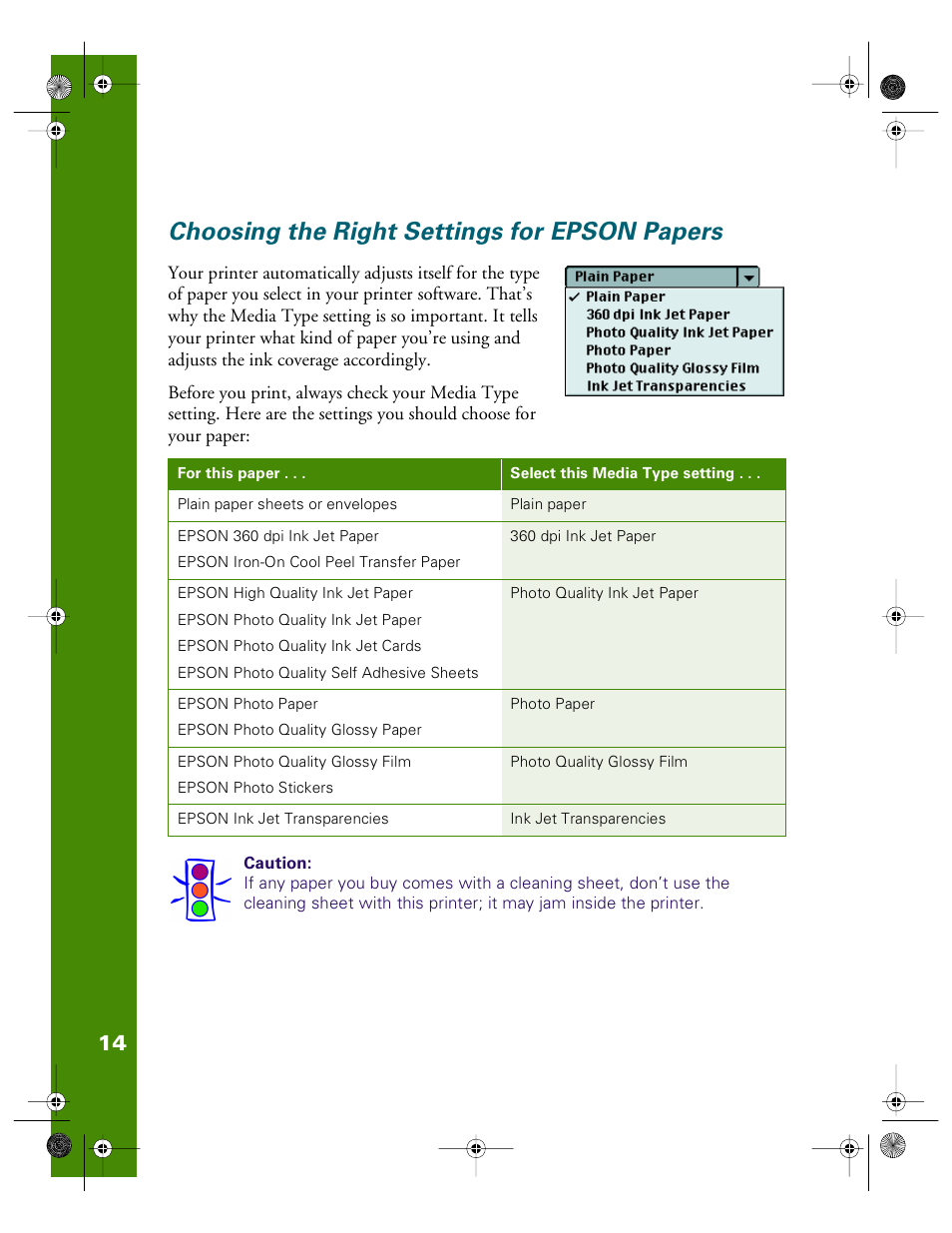 Choosing the right settings for epson papers | Epson 740i User Manual | Page 20 / 69